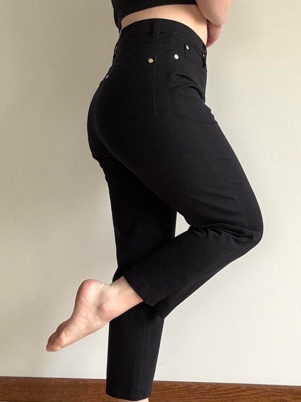 Mondi Sports black stretch denim cropped pants with gold hardware